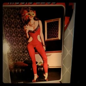 Red Leopard Print and Lace Cut-Out Bodystock